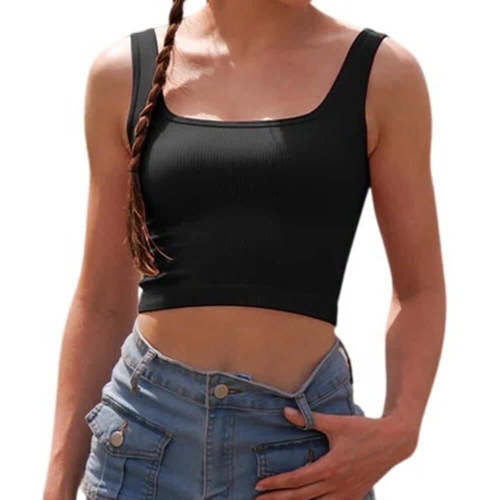 Small Black Ribbed Sleeveless Seamless Inner/Yoga/Tank Crop Top [OQQ3-Black]